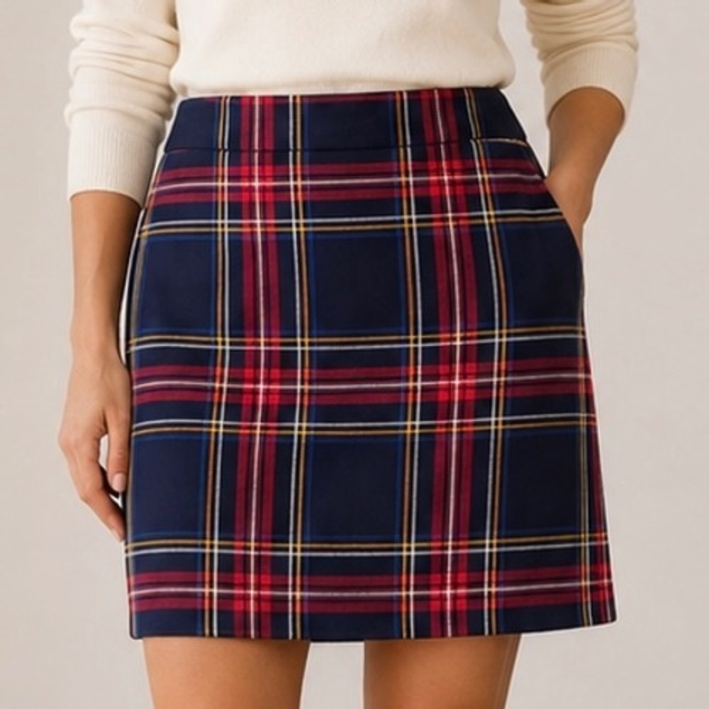 Talbots Women Navy Blue Red Tartan Plaid Wool Blend Pencil Skirt Size 10 Preppy